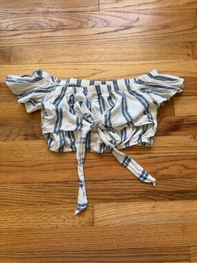 LA Hearts Striped Blue and White Off-Shoulder Tie-Front Crop Top Size XS